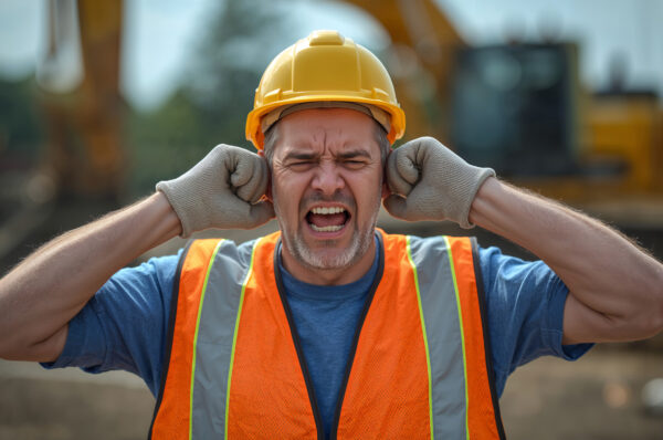 Arbeiter. der sich zum Schutz vor Lärm die Hände über die Ohren hält.